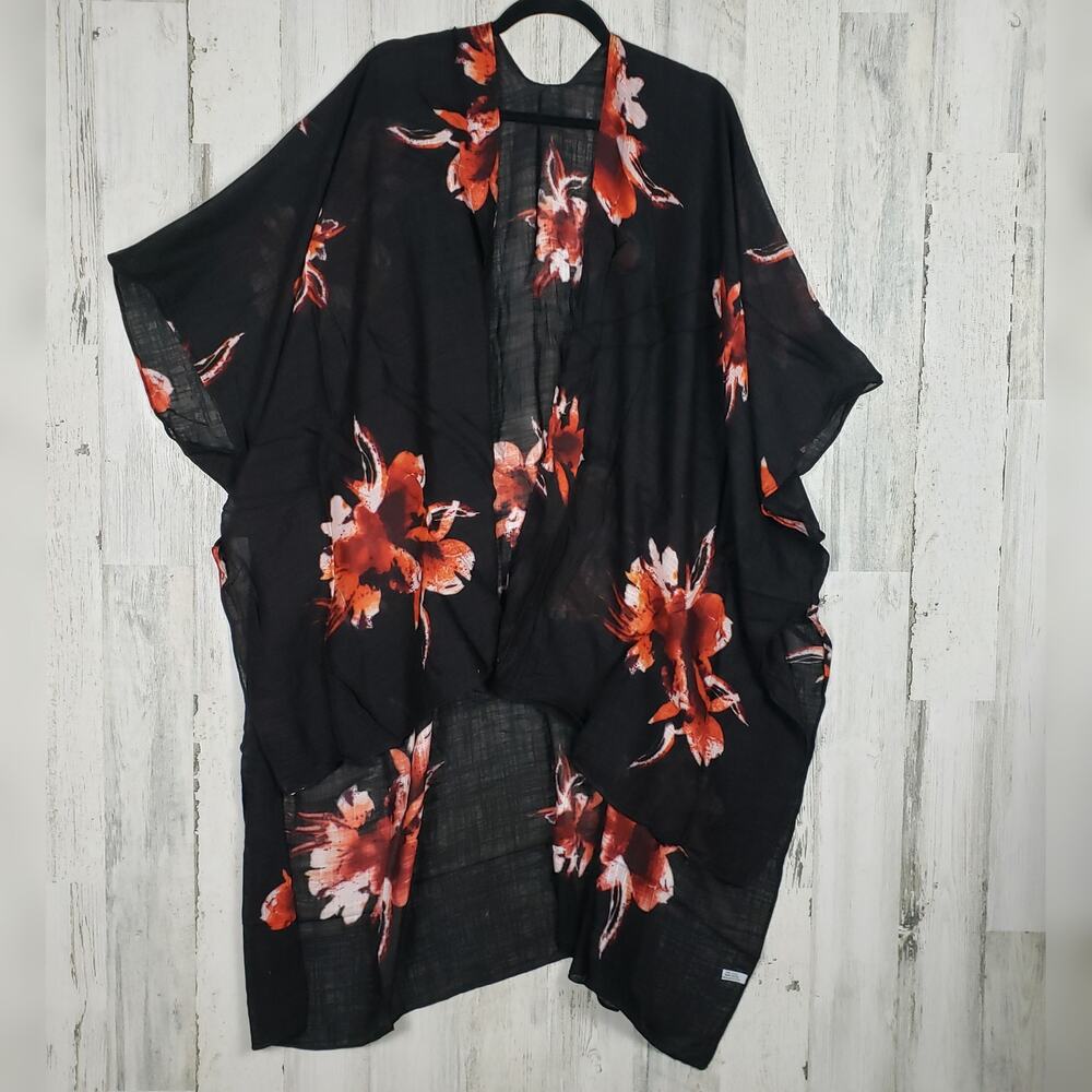 New Black Floral Open Front Boho Flower Lightweight Kimono Women's One Size